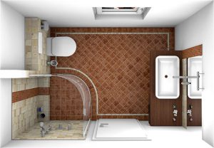 CAD-Plan eines Bades mit Terracotta-Fliesen