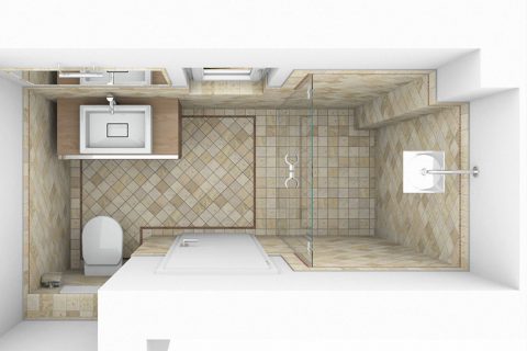 CAD-Plan für ein Bad mit Terrracotta-Fliesen - Draufsicht