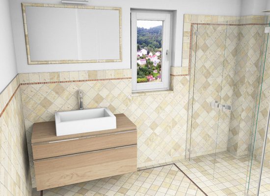 CAD-Plan für ein Bad mit Terracotta-Fliesen