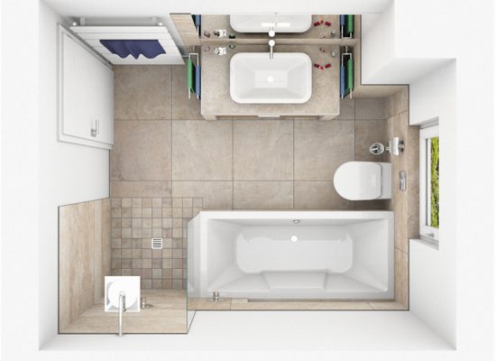 CAD-Plan für ein Bad mit Naturstein-Fliesen Draufsicht