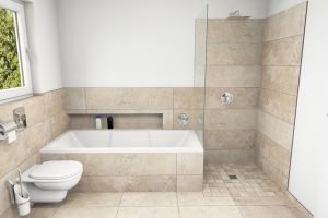 CAD-Plan für ein Bad mit XL-Naturstein-Fliesen - Blick auf die Wanne